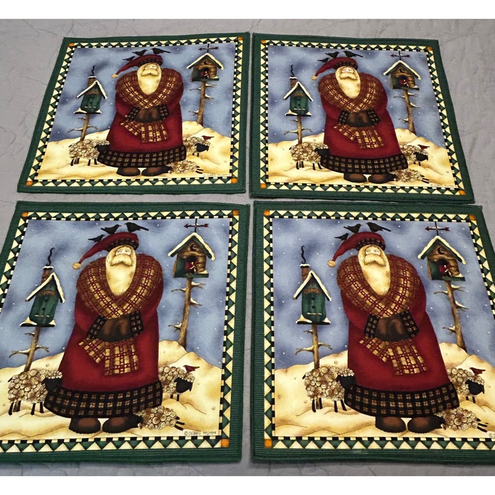 Debbie Mumm Christmas Placemats Set of 4 Santa Sheep Birdhouses 14.5x14